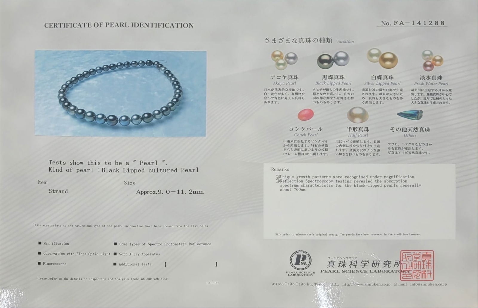 Necklace PSL Certified Tahitian Pearls - 9.0x11.2mm - 8