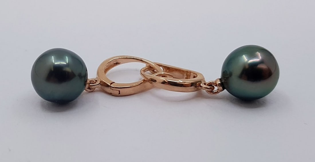 14 kt. Pink gold - Earrings - 9mm Peacock Tahitian Pearl Drops - 5
