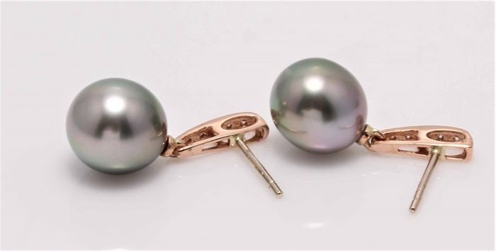 14 kt. Rose Gold - 9x10mm Peacock Tahitian Pearl Drops - Earrings - 0.08 ct - 4