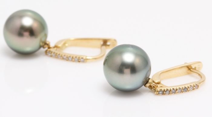 14 kt. Yellow Gold - 10x11mm Round Tahitian Pearls - Earrings - 0.11 ct - 3