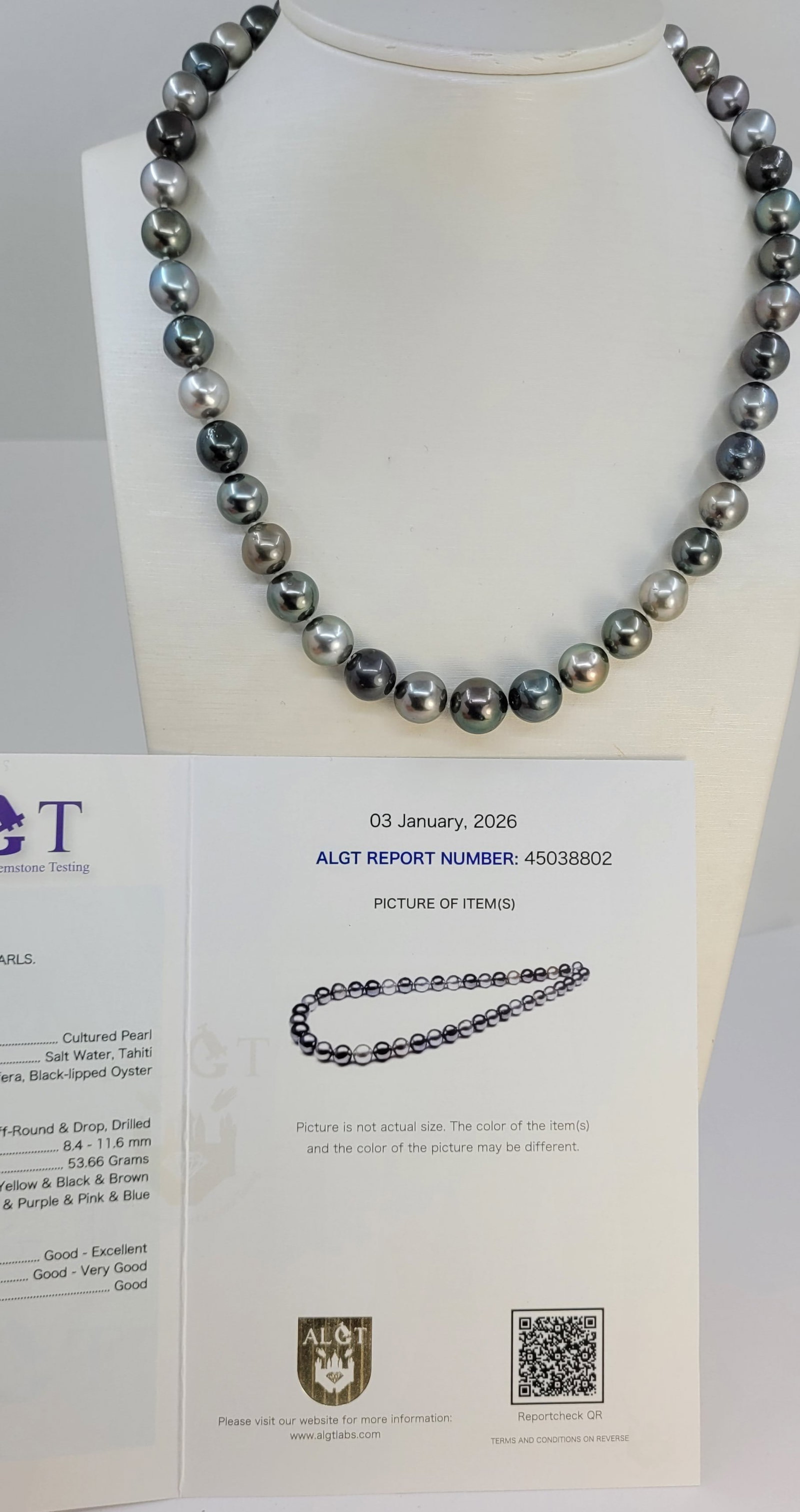 Necklace - ALGT Certified 8.4x11.6mm Tahiti Pearls - 16