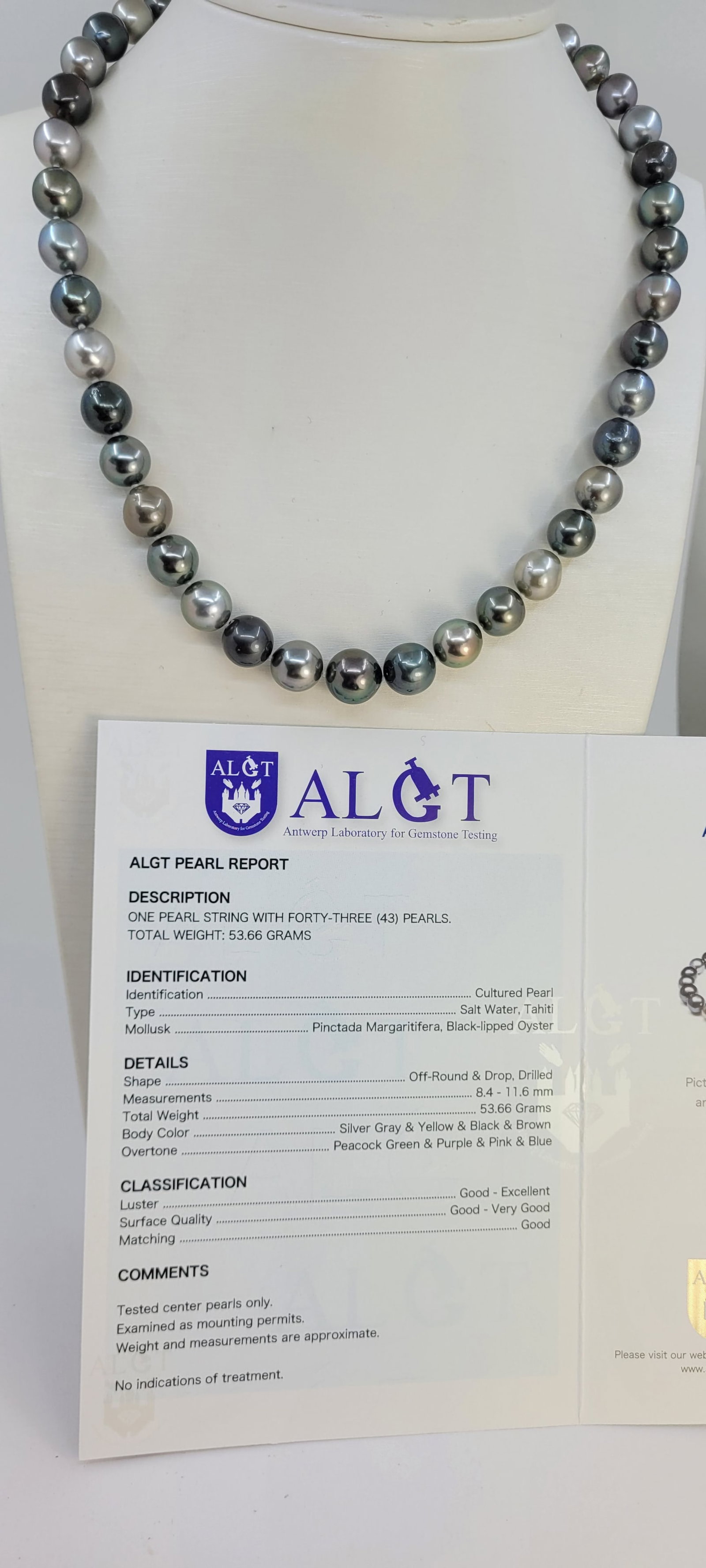 Necklace - ALGT Certified 8.4x11.6mm Tahiti Pearls - 17