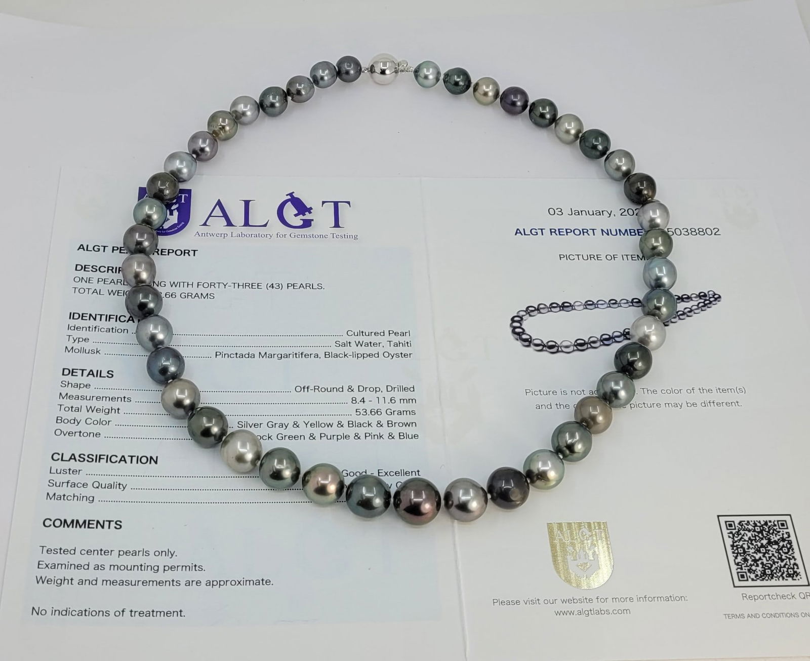 Necklace - ALGT Certified 8.4x11.6mm Tahiti Pearls - 5
