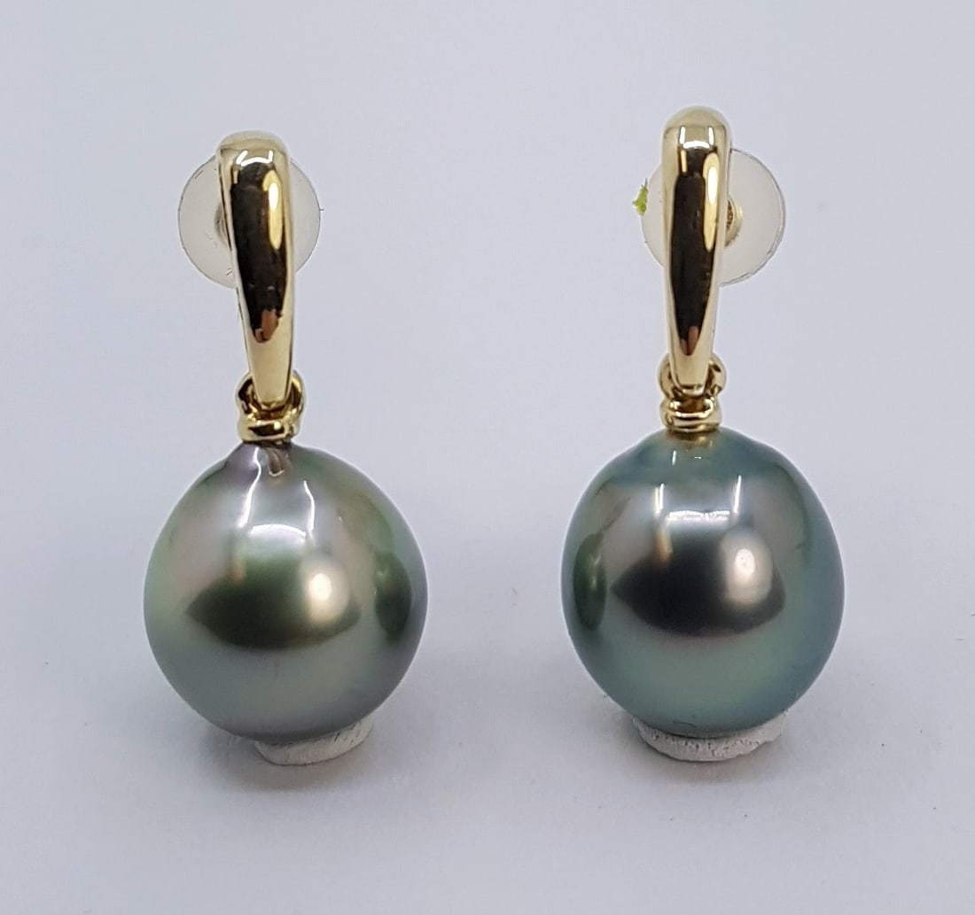 10x11mm Peacock Tahitian Pearl Drops - Earrings - 14 kt. Yellow gold - 2