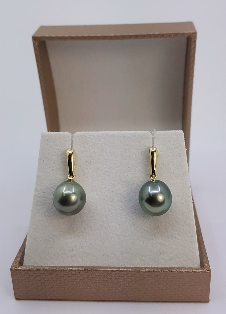 10x11mm Peacock Tahitian Pearl Drops - Earrings - 14 kt. Yellow gold - 3