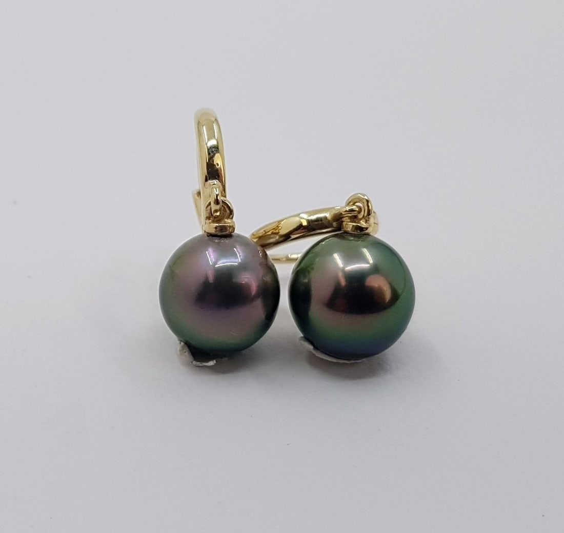 14 kt. Gold - Earrings - 9mm Peacock Tahitian Pearl Drops - 2
