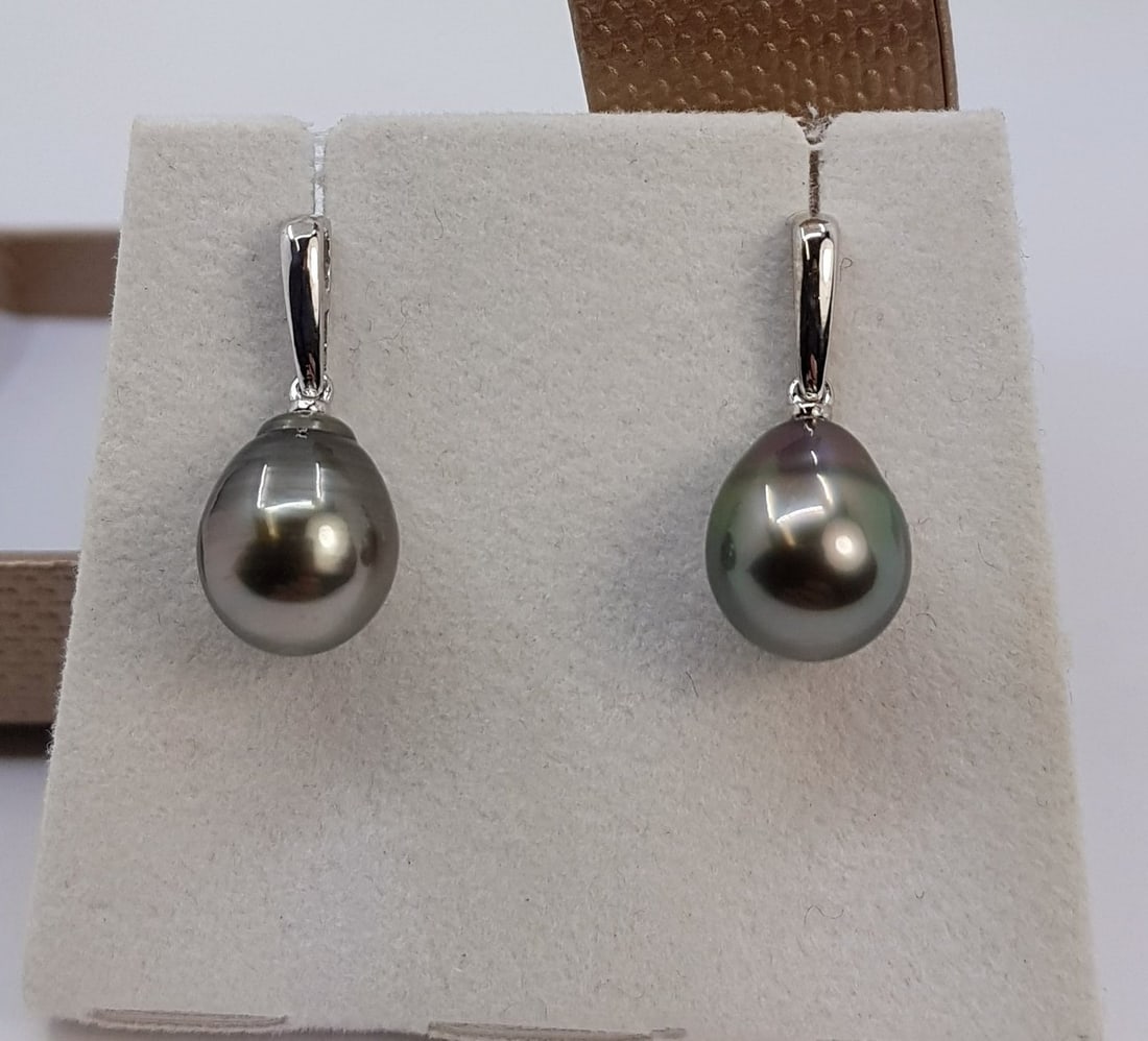 10x11mm Peacock Tahitian Pearl Drops - Earrings - 14 kt. White gold - 3