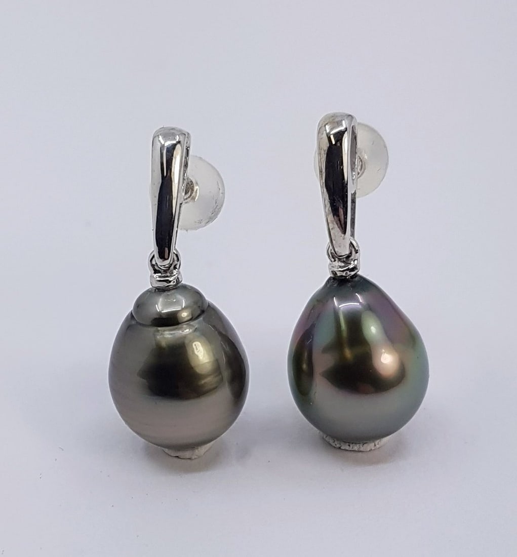 10x11mm Peacock Tahitian Pearl Drops - Earrings - 14 kt. White gold - 5