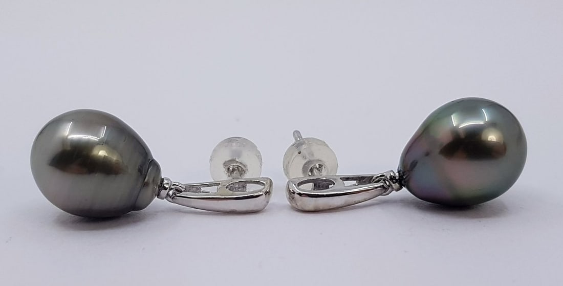 10x11mm Peacock Tahitian Pearl Drops - Earrings - 14 kt. White gold - 7