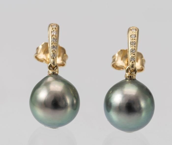 9x10mm Peacock Tahitian Pearl Drops - 14 kt. Yellow gold - Earrings - 0.08 ct - 2