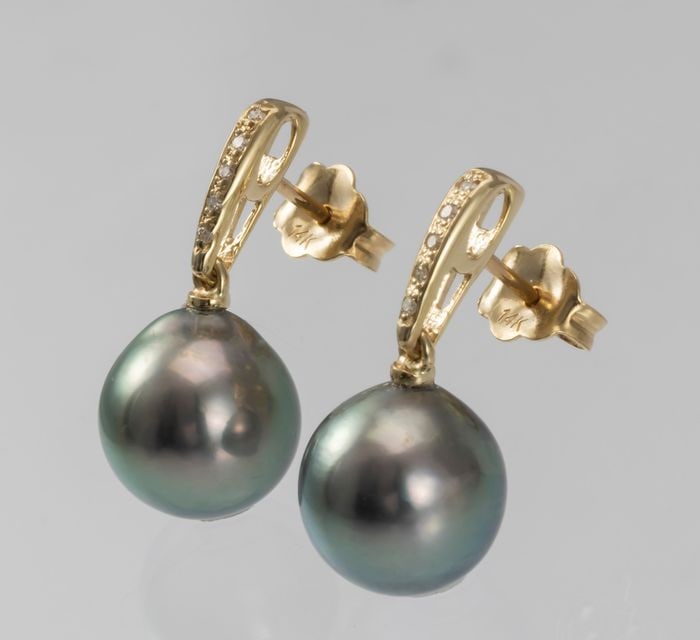 9x10mm Peacock Tahitian Pearl Drops - 14 kt. Yellow gold - Earrings - 0.08 ct - 3