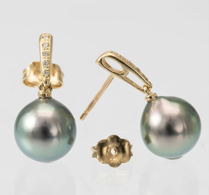 9x10mm Peacock Tahitian Pearl Drops - 14 kt. Yellow gold - Earrings - 0.08 ct - 4