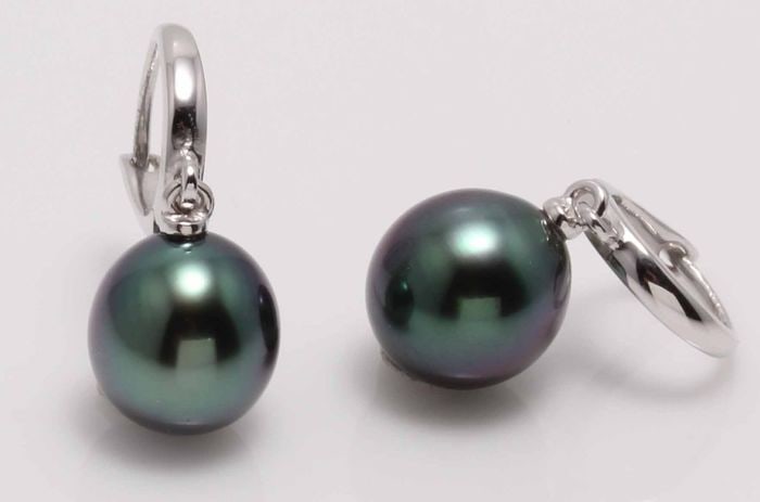 14 kt. White Gold - 9x10mm Tahitian Pearl Drops - Earrings - 2