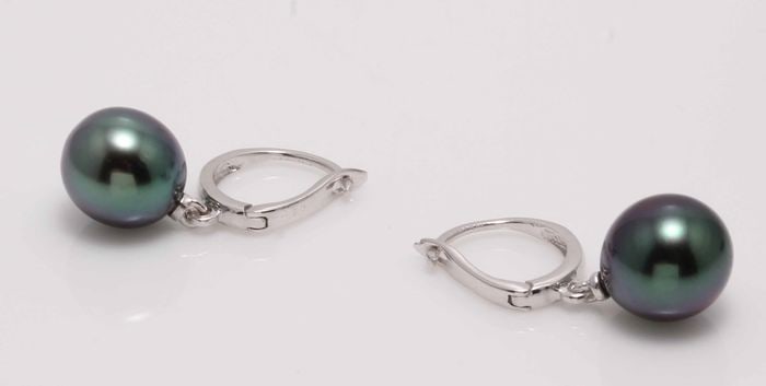 14 kt. White Gold - 9x10mm Tahitian Pearl Drops - Earrings - 5