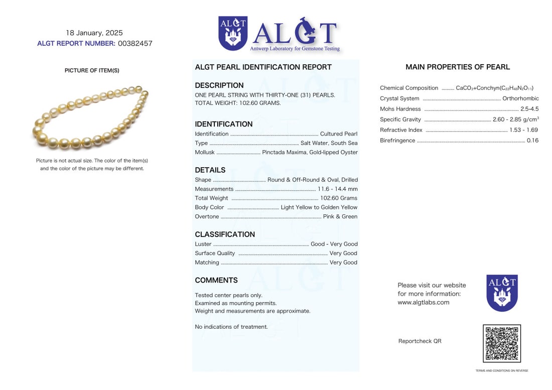 Necklace HUGE SIZE - ALGT Certified Golden South Sea Pearls - 11.6x14.4mm - 13