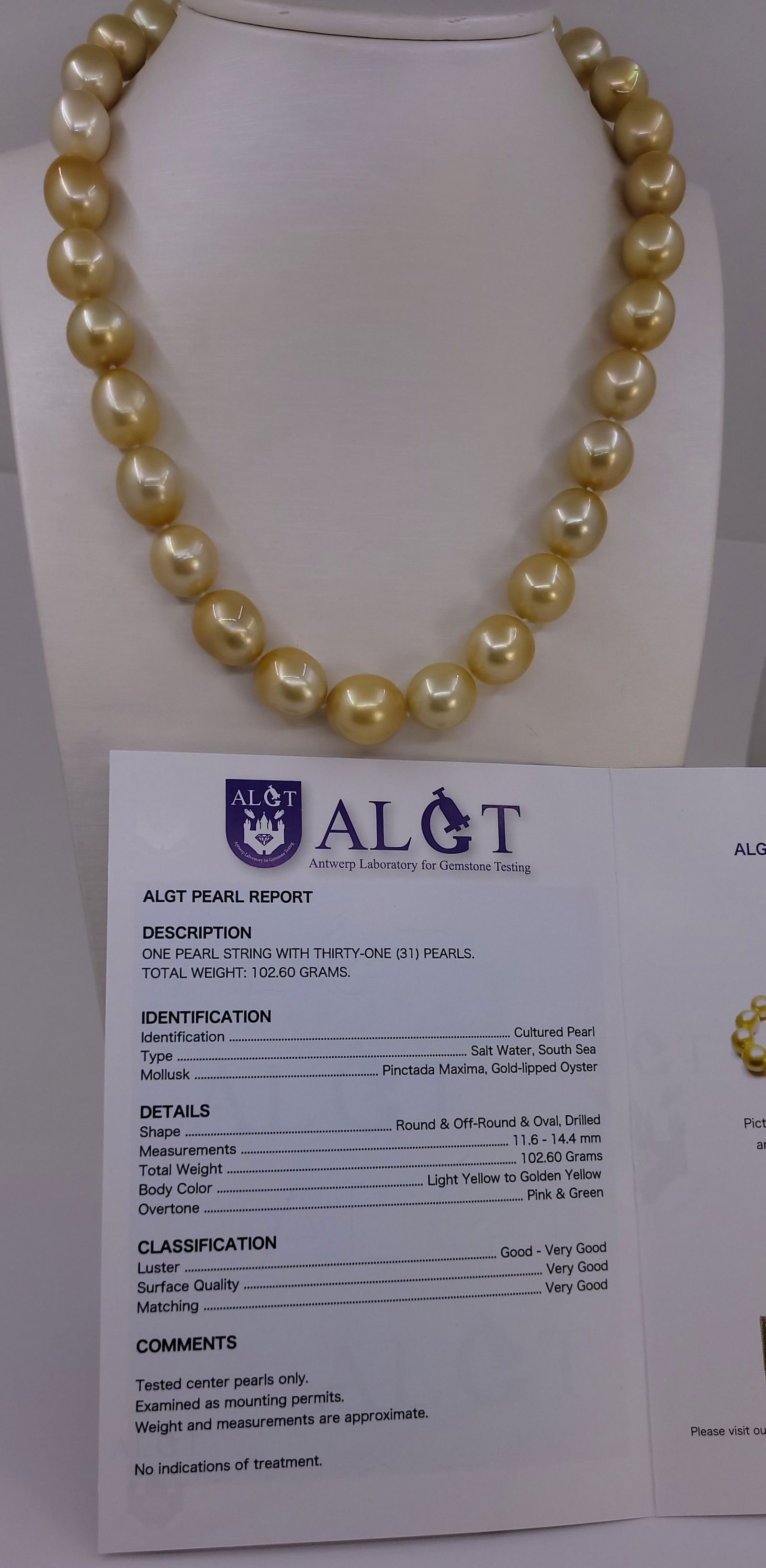 Necklace HUGE SIZE - ALGT Certified Golden South Sea Pearls - 11.6x14.4mm - 8