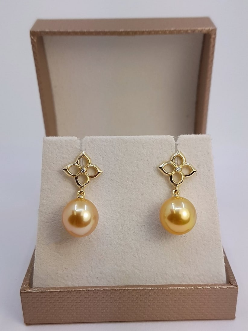 Earrings 10x11mm Golden South Sea Pearls - 14 kt. Yellow gold - 0.02 ct - 3