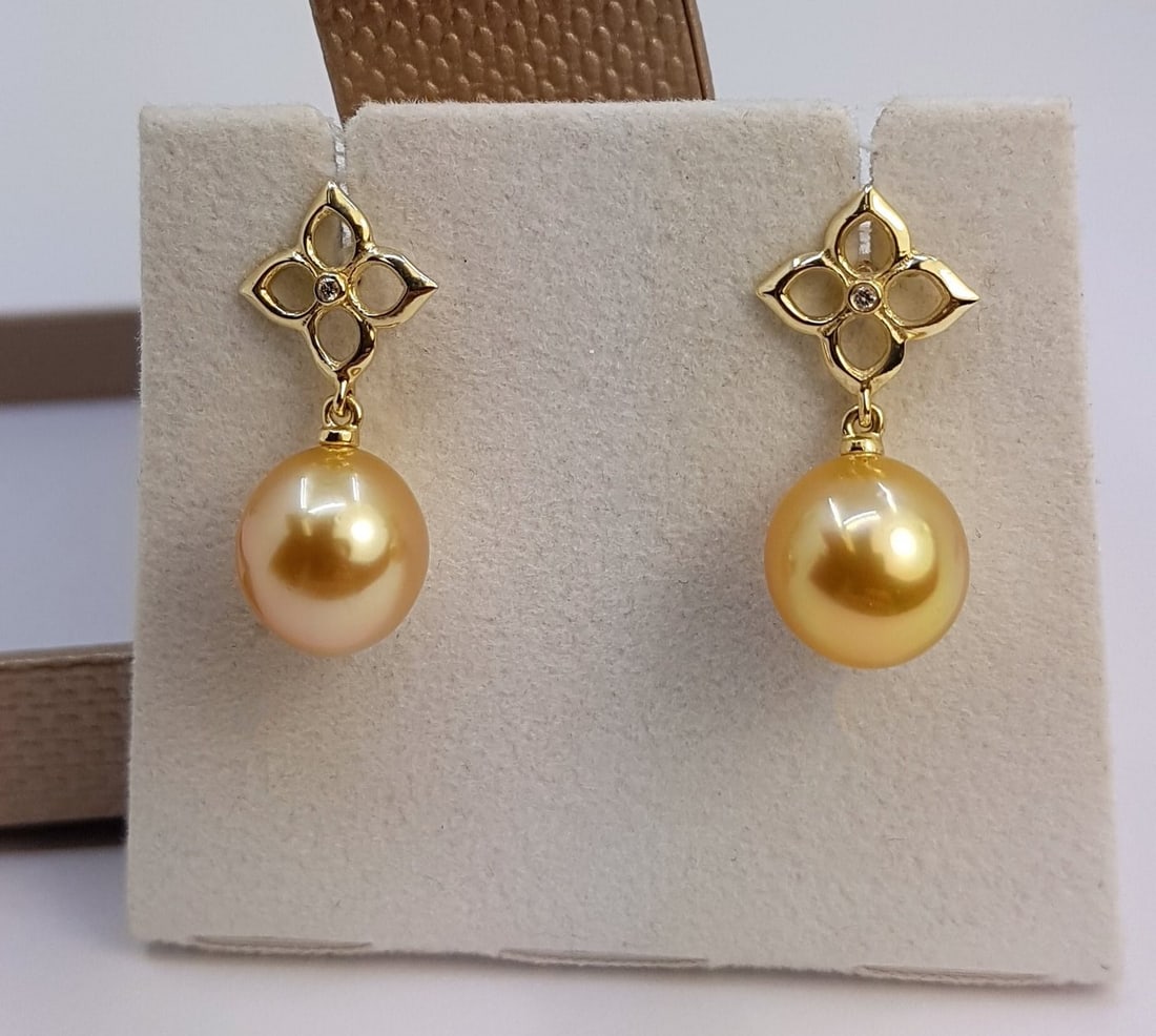 Earrings 10x11mm Golden South Sea Pearls - 14 kt. Yellow gold - 0.02 ct - 4