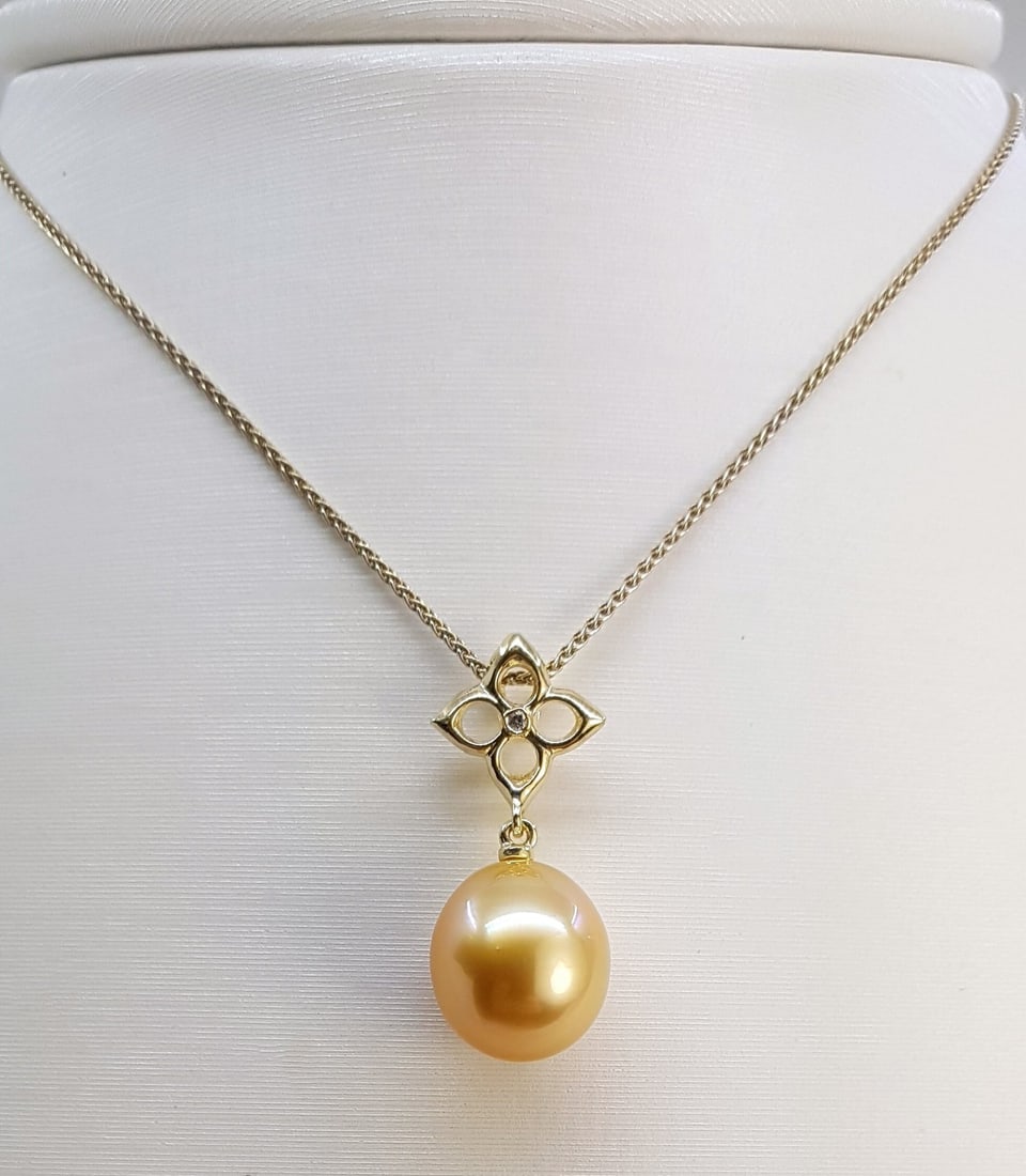 Pendant 11x12mm Deep Golden South Sea Pearl Drop - 14 kt. Yellow gold - 0.01 ct - 2
