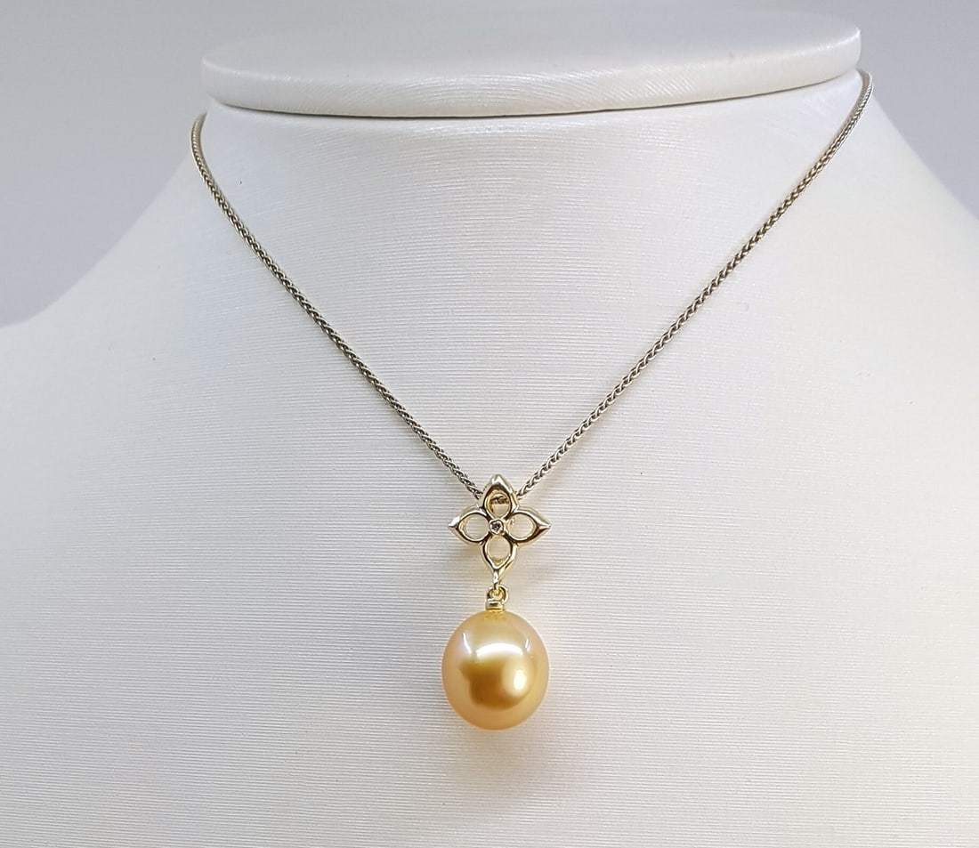Pendant 11x12mm Deep Golden South Sea Pearl Drop - 14 kt. Yellow gold - 0.01 ct - 3