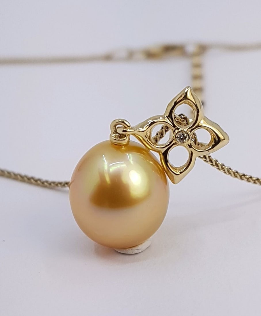 Pendant 11x12mm Deep Golden South Sea Pearl Drop - 14 kt. Yellow gold - 0.01 ct - 4
