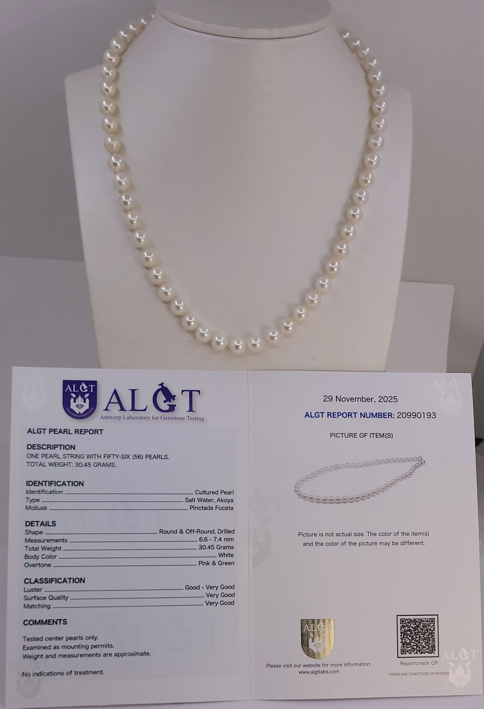 Necklace ALGT Certified Akoya Pearls - 6.6x7.4mm - 12
