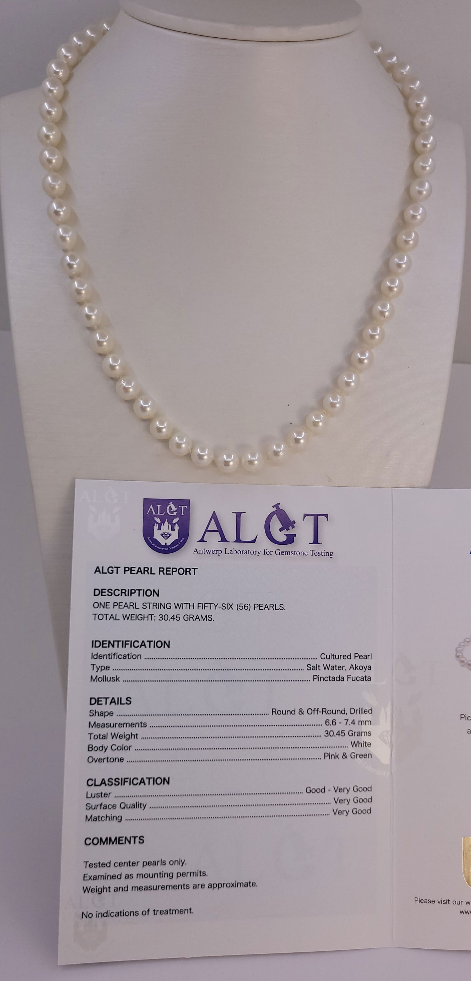 Necklace ALGT Certified Akoya Pearls - 6.6x7.4mm - 13