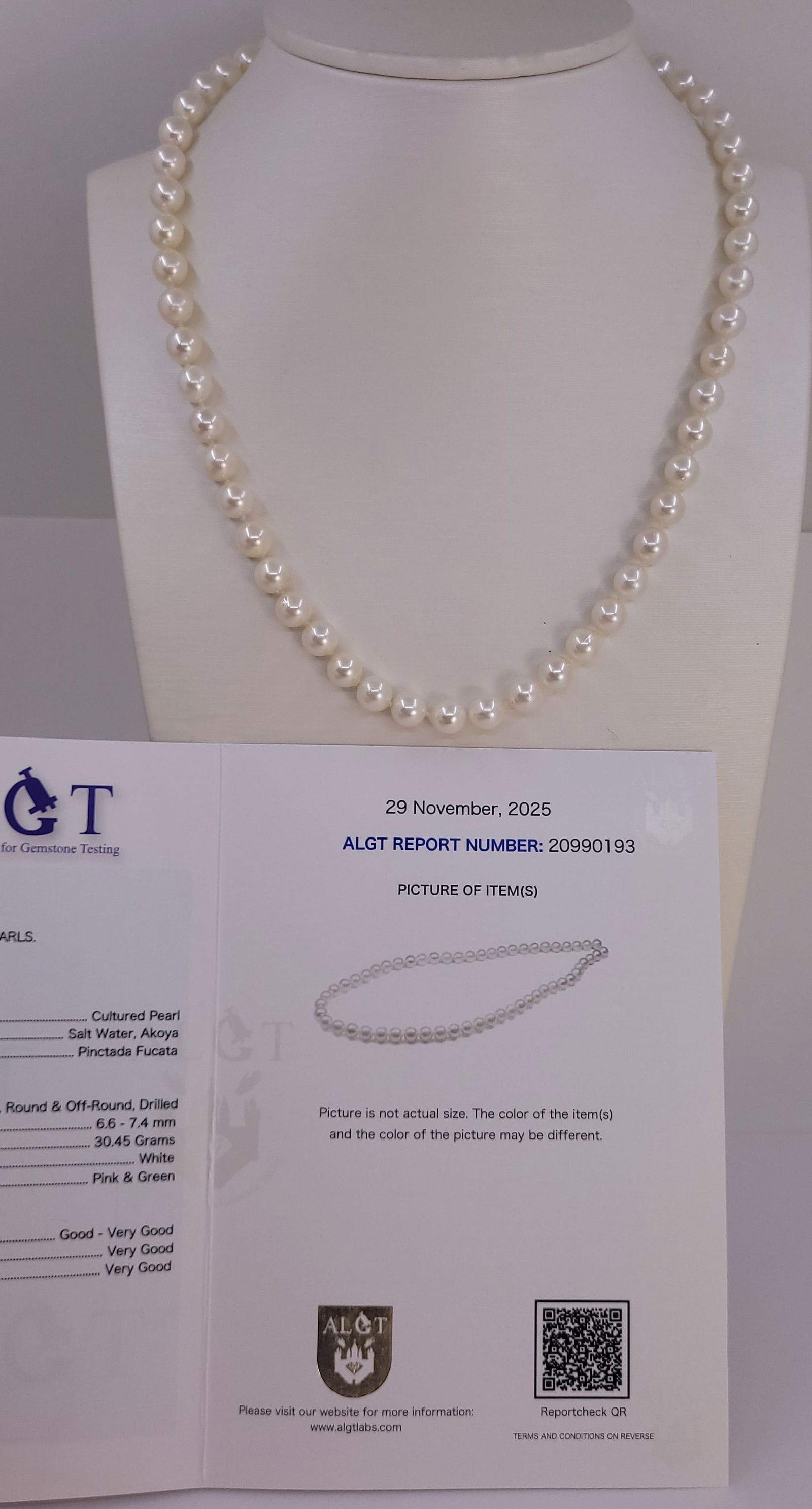 Necklace ALGT Certified Akoya Pearls - 6.6x7.4mm - 14