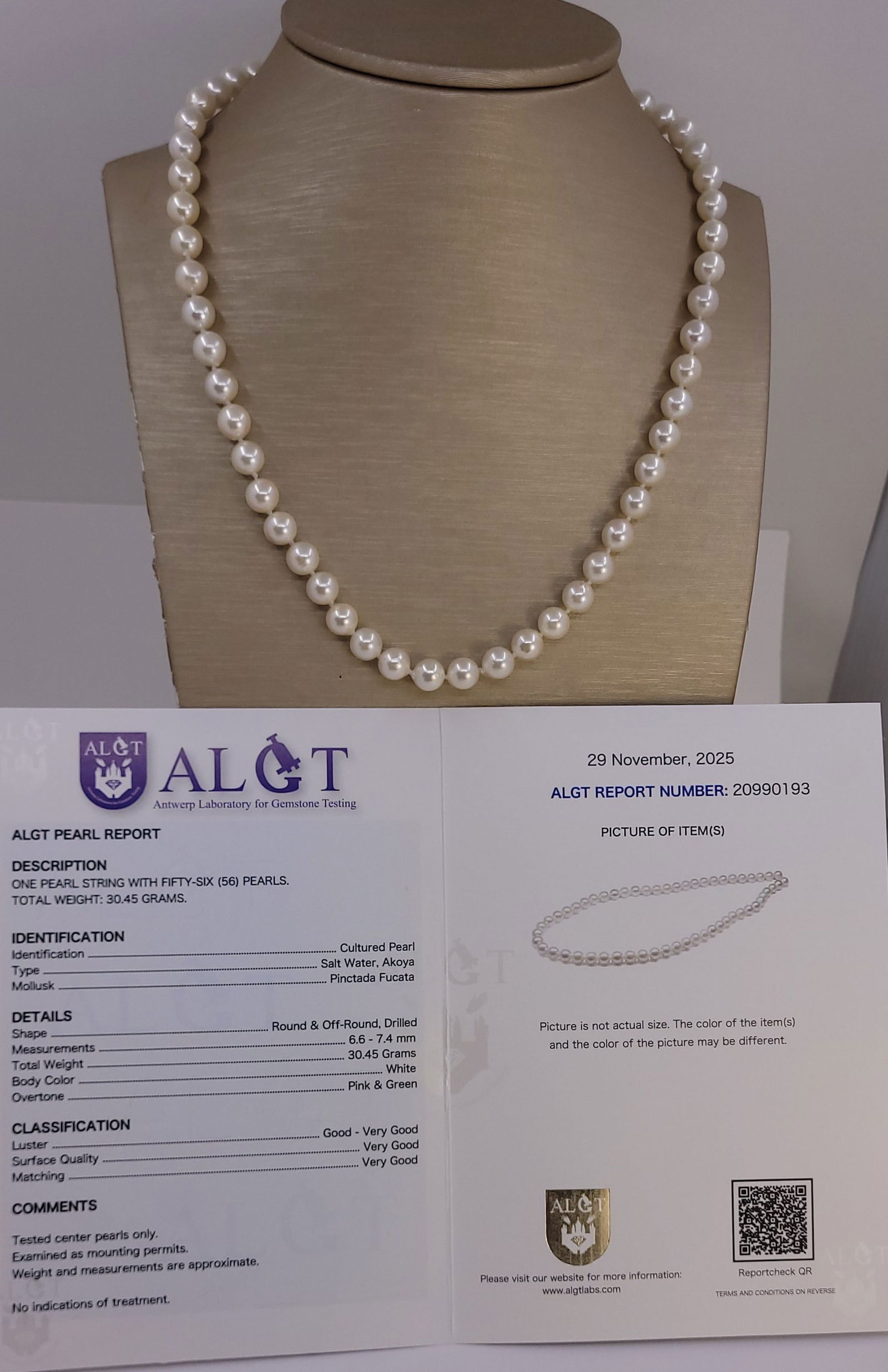 Necklace ALGT Certified Akoya Pearls - 6.6x7.4mm - 15