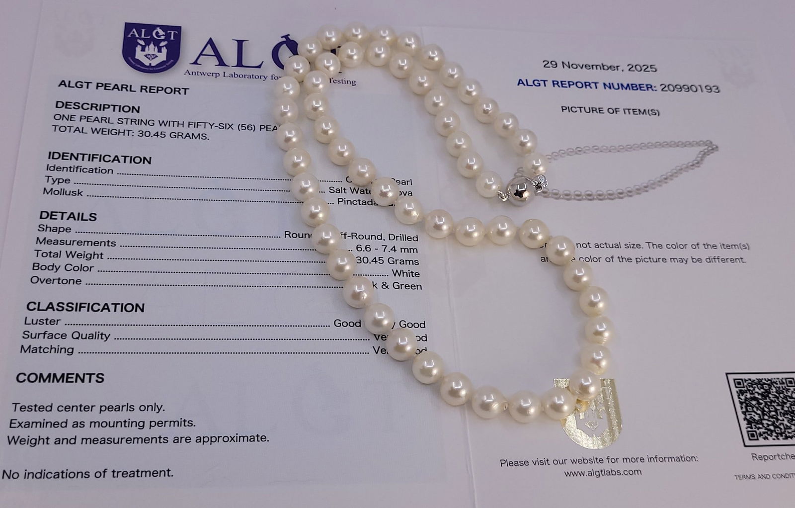 Necklace ALGT Certified Akoya Pearls - 6.6x7.4mm - 19