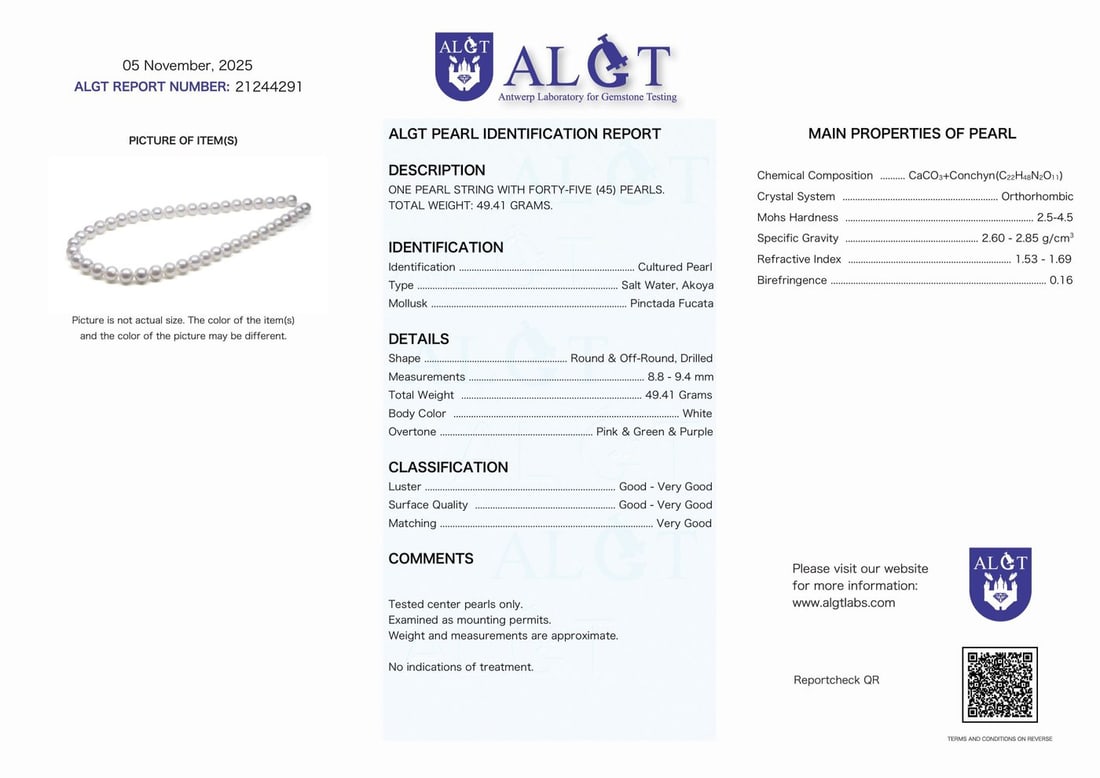 ALGT Certified Akoya Pearls - 8.9x9.4mm - 5