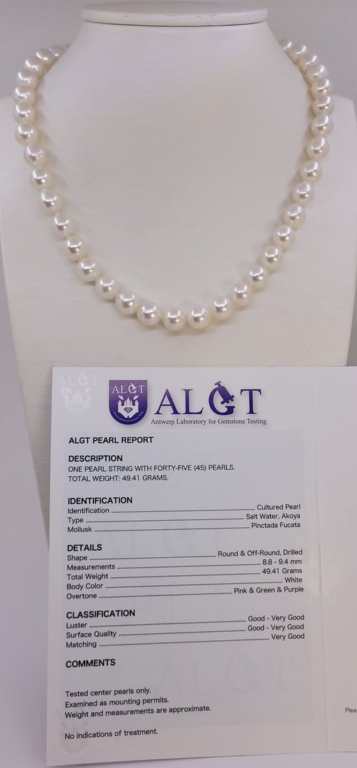 ALGT Certified Akoya Pearls - 8.9x9.4mm - 7