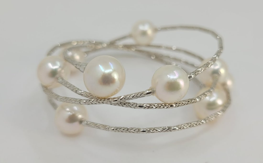 Bracelet - 18 kt. White gold - 8x9mm Akoya Pearls - 3
