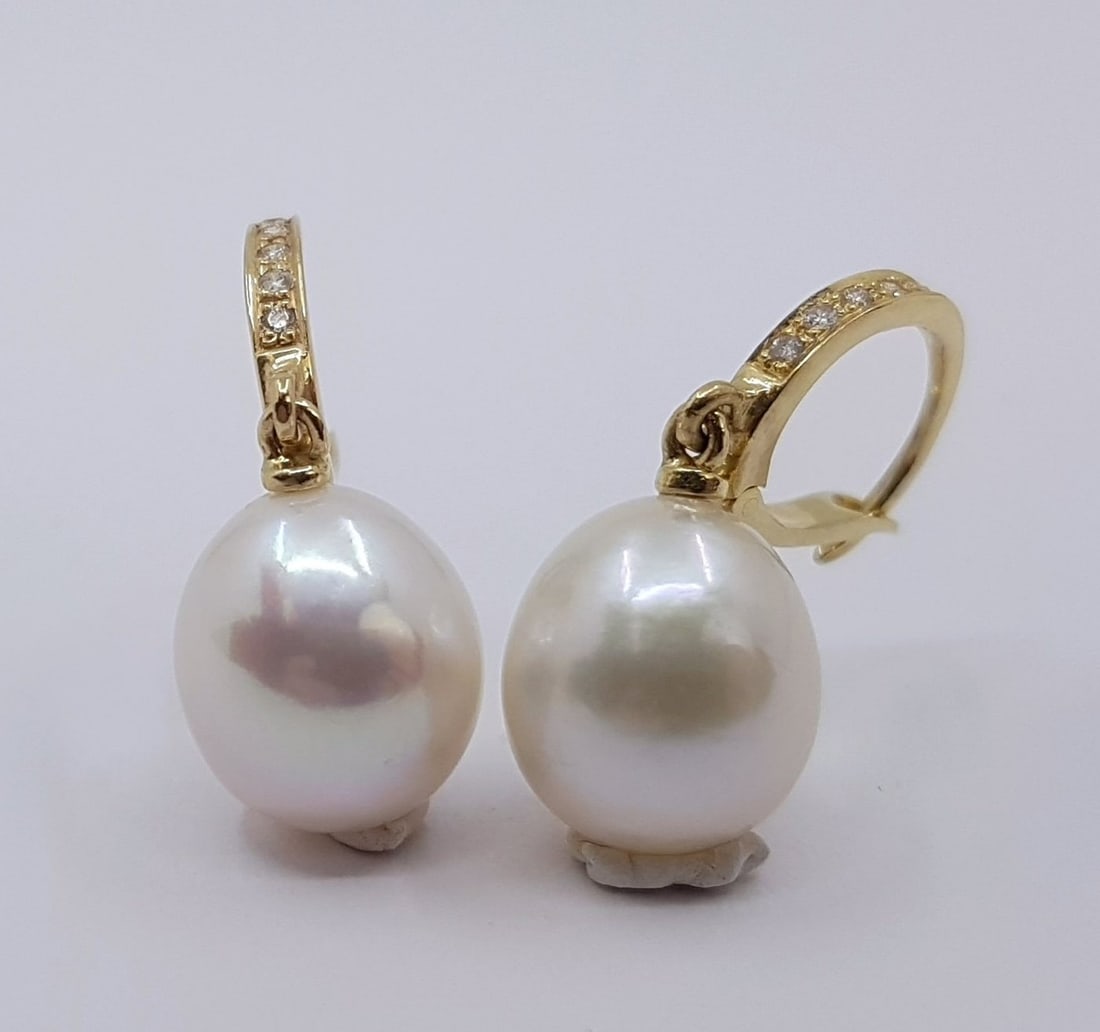 10.5mm White Edison Pearl Drops - 0.09Ct - 14 kt. Gold - Earrings - 2