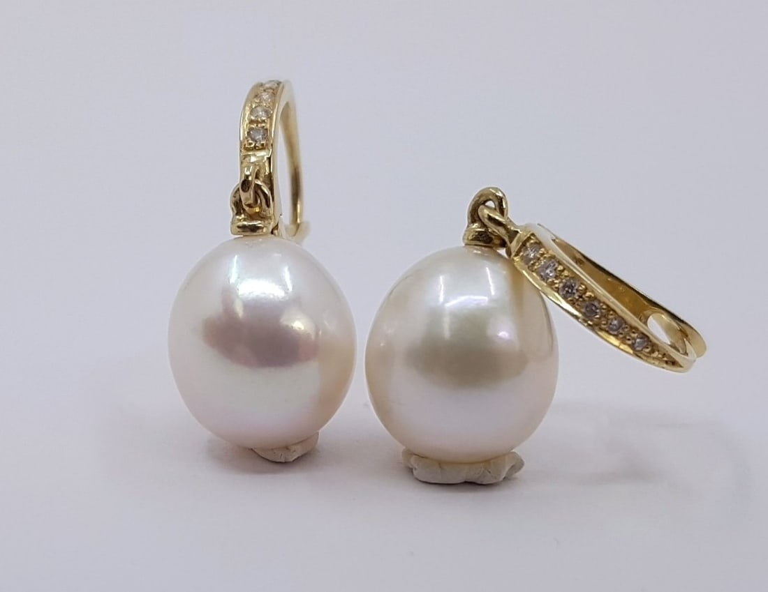 10.5mm White Edison Pearl Drops - 0.09Ct - 14 kt. Gold - Earrings - 3