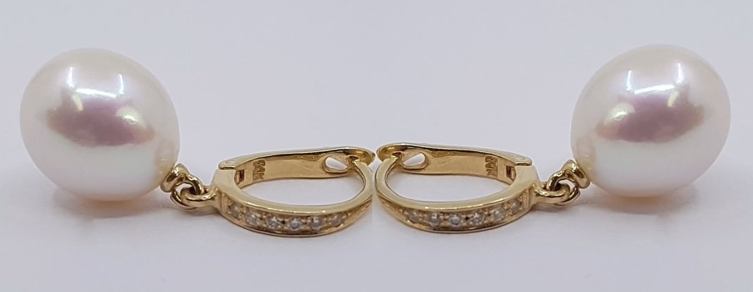 10.5mm White Edison Pearl Drops - 0.09Ct - 14 kt. Gold - Earrings - 6