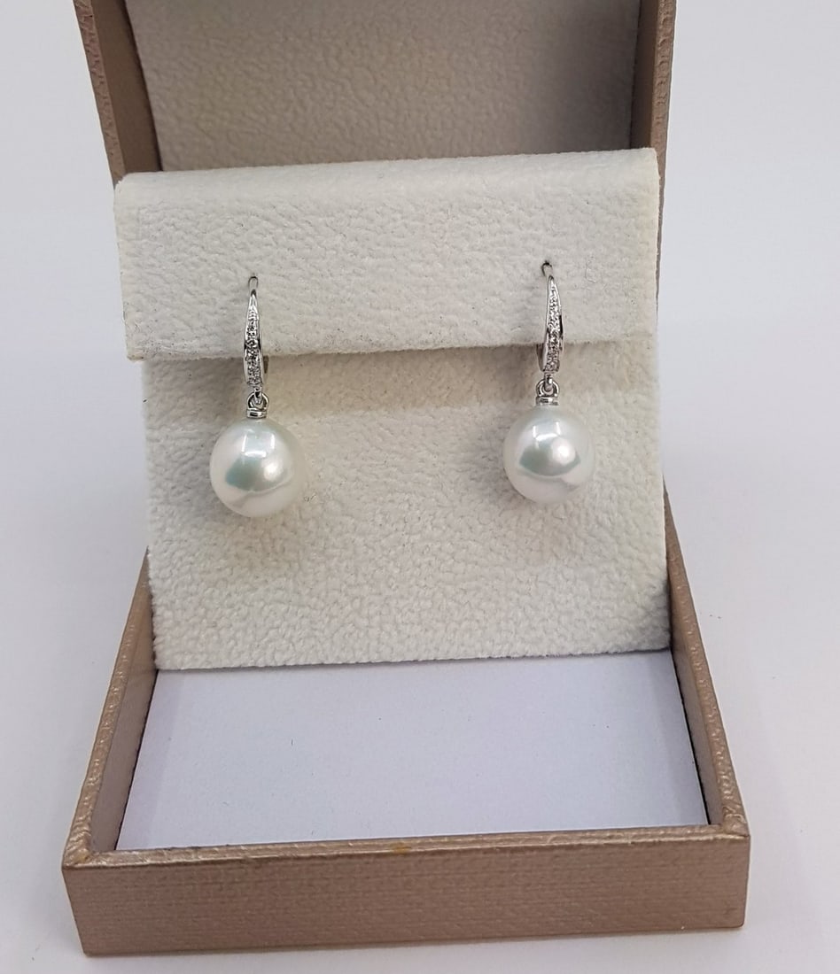 10.5mm White Edison Pearl Drops - 0.09Ct - 14 kt. Gold - Earrings - 2