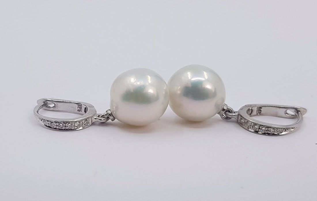 10.5mm White Edison Pearl Drops - 0.09Ct - 14 kt. Gold - Earrings - 5