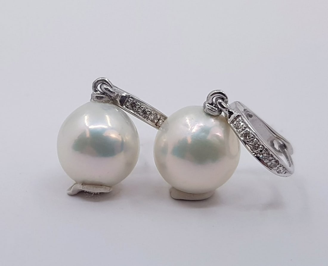 10.5mm White Edison Pearl Drops - 0.09Ct - 14 kt. Gold - Earrings - 6