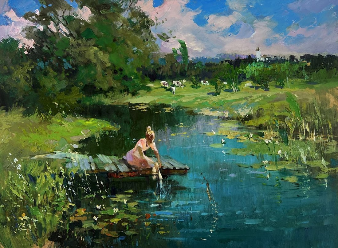 Oil painting A girl washes herself at a pond Yuriy Suprunchuk - 3