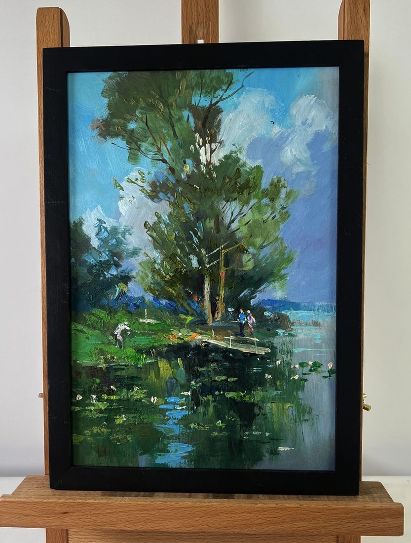 Oil painting Bridge over the river with people Yuriy Suprunchuk: Title: Oil painting Bridge over the river with people Yuriy Suprunchuk Description: NoAAA5504The Oil painting on Cardboard titled "Bridge over the river with people" captures a quiet yet emotionally r