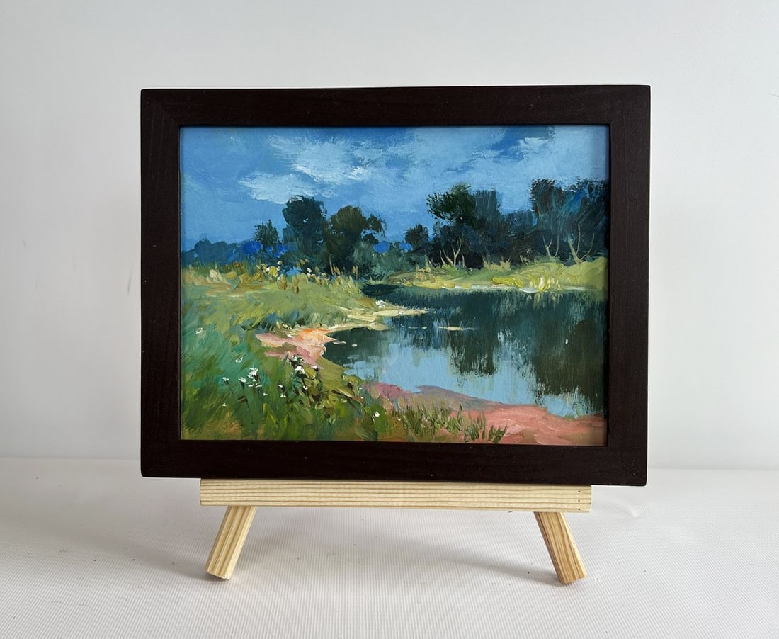 Oil painting Reflection of green forest Yuriy Suprunchuk: Title: Oil painting Reflection of green forest Yuriy Suprunchuk Description: NoAAA4351The painting "Reflection of Green Forest" beautifully captures a tranquil riverside landscape, where the