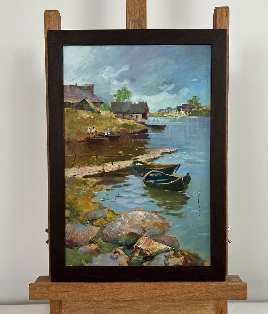 Oil painting Quiet village harbour Yuriy Suprunchuk: Title: Oil painting Quiet village harbour Yuriy Suprunchuk Description: NoAAA4373The painting "Quiet Village Harbour" transports the viewer to a serene riverside scene, where the gentle flow of water