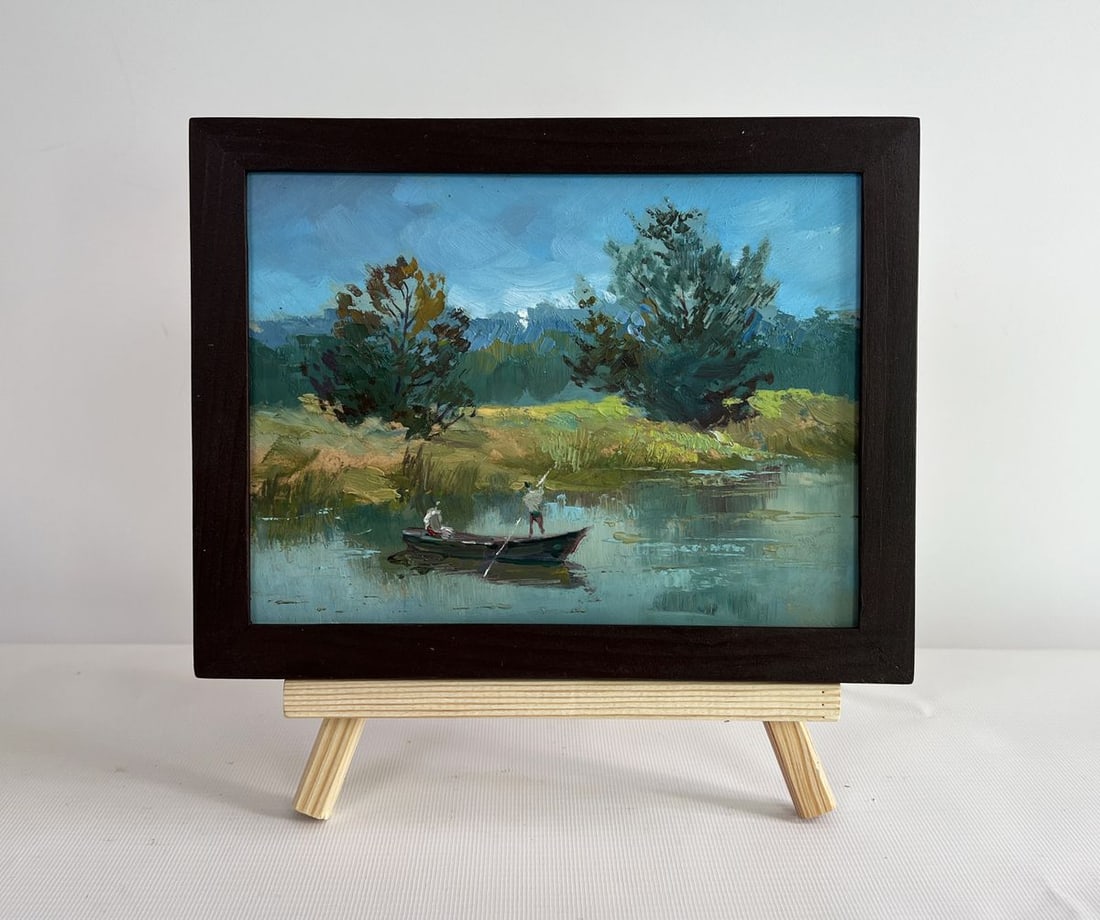 Oil painting Two people are sailing on a boat Yuriy Suprunchuk: Title: Oil painting Two people are sailing on a boat Yuriy Suprunchuk Description: NoAAA4402The painting "Two People are Sailing on a Boat" is a serene and captivating depiction of a quiet moment on