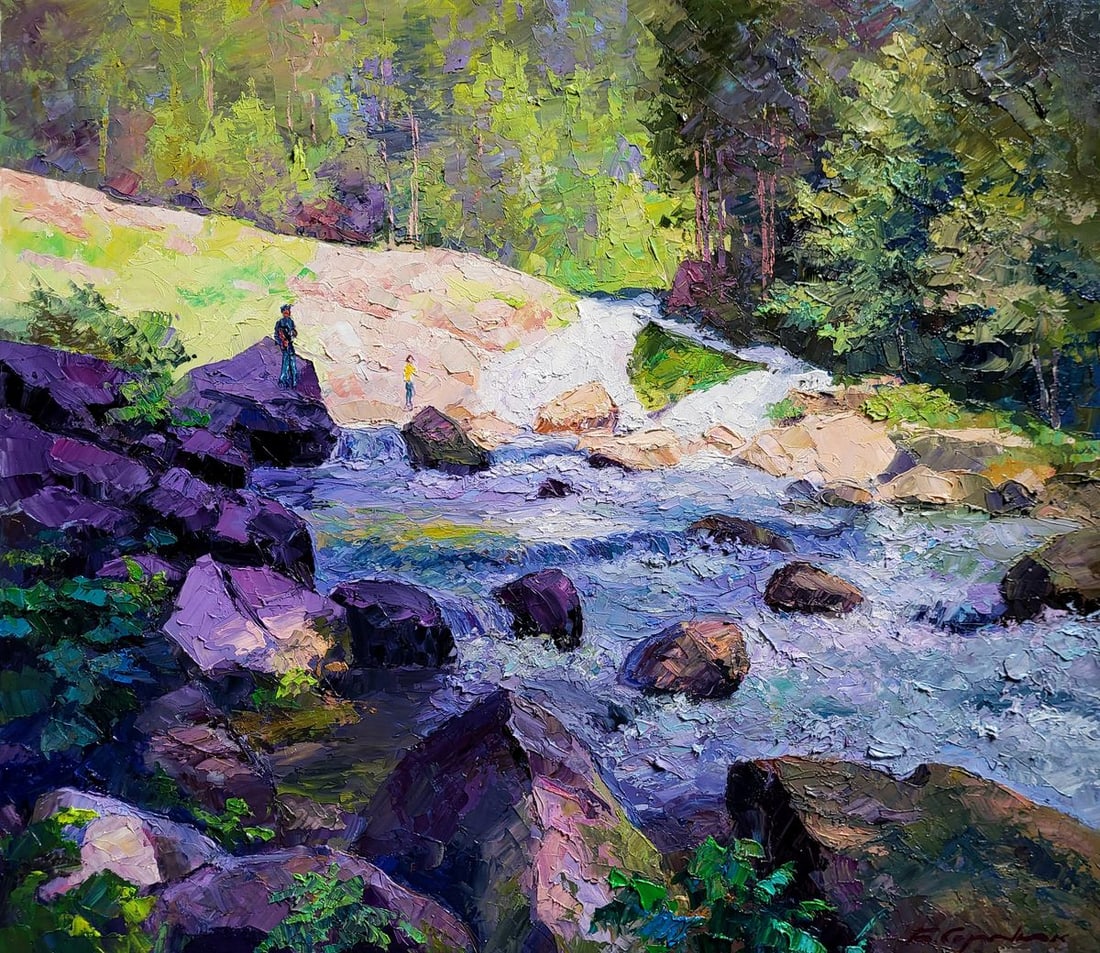 Oil painting Kamianetsky waterfall Boris Serdyuk: Title: Oil painting Kamianetsky waterfall Boris Serdyuk Description: NoSERB 1066"Kamianetsky Waterfall" is a vibrant oil painting that brings to life the dynamic and refreshing energy of a waterfall i