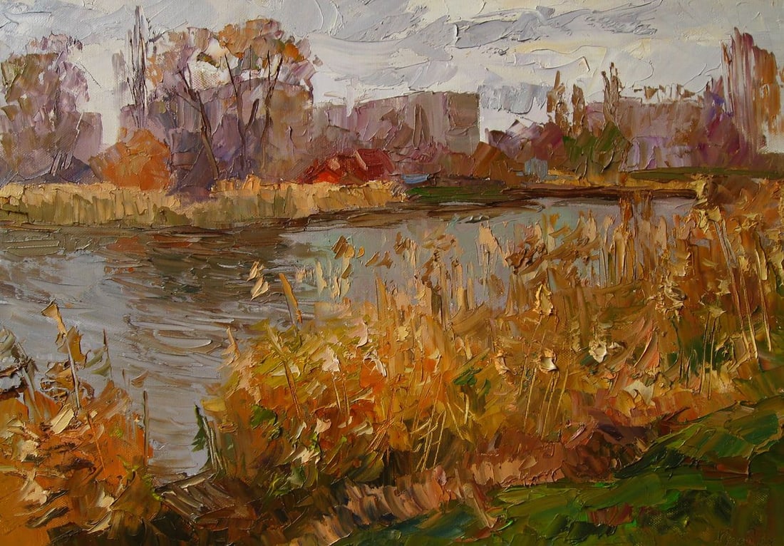 Oil painting Autumn river Boris Serdyuk: Title: Oil painting Autumn river Boris Serdyuk Description: NoSERB 1153The painting "Autumn River" captures the serene beauty of a quiet riverbank during the autumn season. The artist uses earthy tone