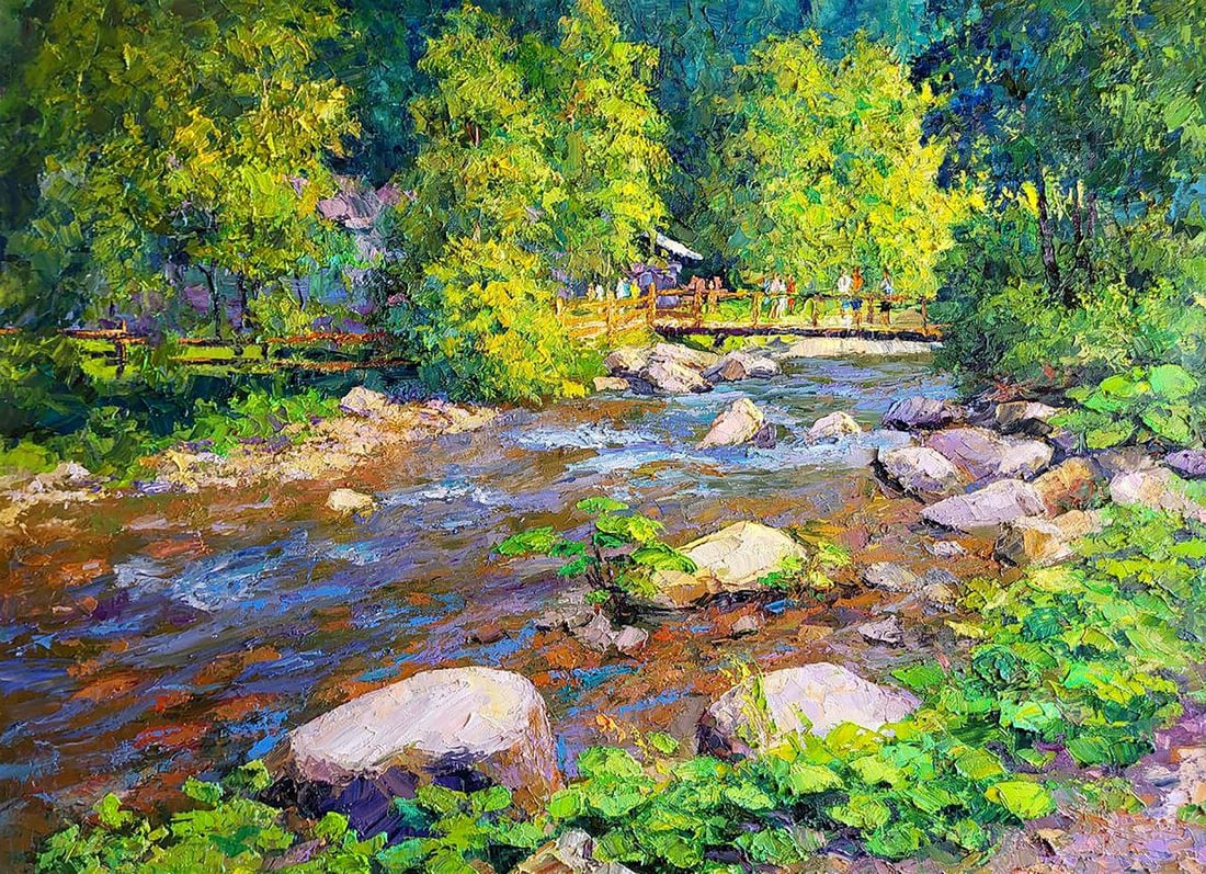Oil painting April morning at the temple Boris Serdyuk: Title: Oil painting April morning at the temple Boris Serdyuk Description: NoSERB 1161The painting "Clean Stream" captures the serene and picturesque beauty of a mountain stream flowing through a lush