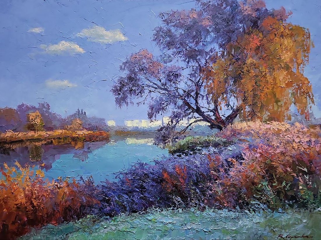 Oil painting Slight frost Boris Serdyuk: Title: Oil painting Slight frost Boris Serdyuk Description: NoSERB 1048The oil painting "Slight Frost" encapsulates the delicate transition from autumn to winter. The scene is set by a tranquil body