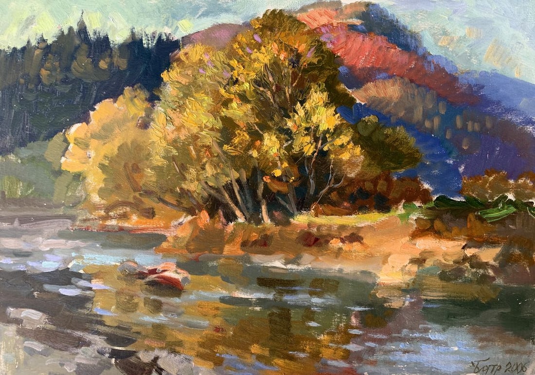 Oil painting Walk in the autumn forest Batrakov Vladimir Grigorievich: Title: Oil painting Walk in the autumn forest Batrakov Vladimir Grigorievich Description: NoAAA2019 This gorgeous oil painting features a tranquil autumn scene. A river flows through the center of the