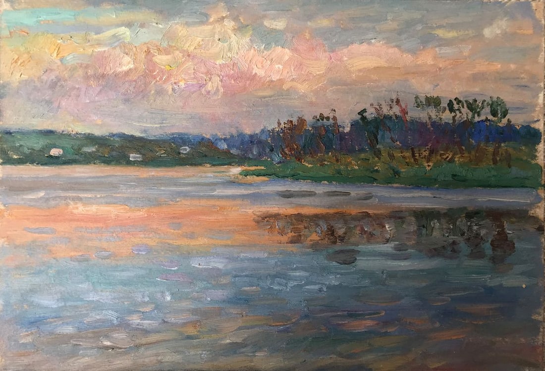 Oil painting By the evening Unknown artist: Title: Oil painting By the evening Unknown artist Description: NoAAA2086 Beautiful oil painting titled "By the evening" depicting a river scene with a stunning sunset. The colors are absolutely gorgeo